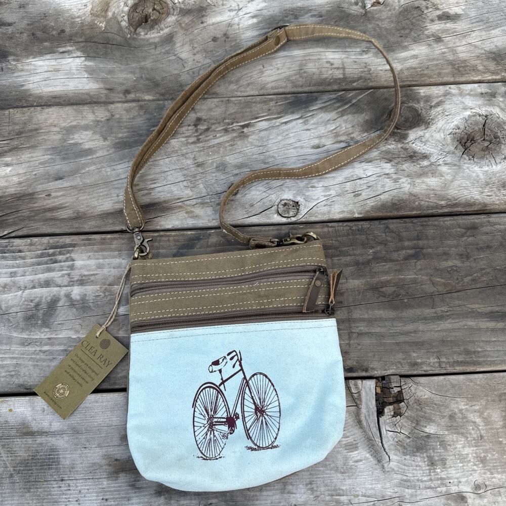 Clea Ray Canvas Crossbody Bag Adjustable Strap Blue/Brown Bicycle Motif W/ Tag